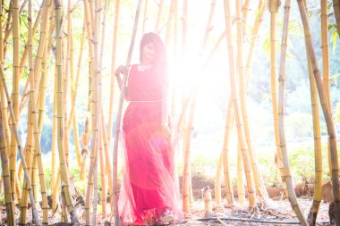 Bir kız bambu ormanında yürüyor. Hafif bir sis ve gün batımında.