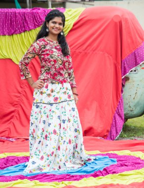 Renkli perdelerin önünde güzel bir Hintli kız.