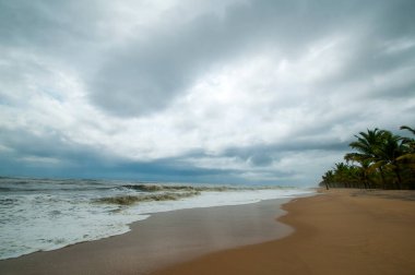 Egzotik sahil doğası ve ufukta bulutlar. Deniz kıyısı hattı. Açık hava manzarası.