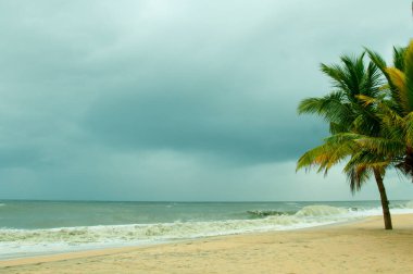 Egzotik sahil doğası ve ufukta bulutlar. Deniz kıyısı hattı. Açık hava manzarası.