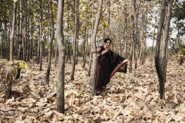 Kırmızı, geleneksel sari giymiş mutlu bir Hintli kadın ormanda yürüyor ve sabah doğanın tadını çıkarıyor..