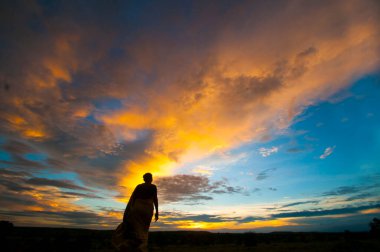 Gün batımında özgürlüğün tadını çıkaran bir kadın silueti..