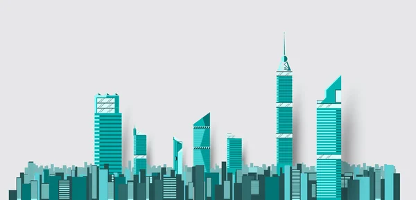 Skyline de la ciudad con edificio verde. ilustración vectorial — Vector de stock