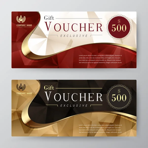 Gift voucher and coupon gold or purple color set. include sample — Stock Vector