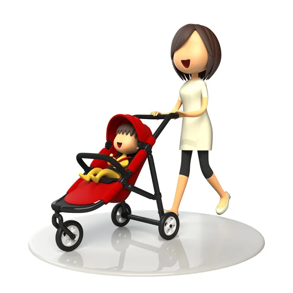 母親が赤ん坊を乗せた乳母車を歩いて — ストック写真