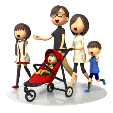 Aile bebek arabası ile yürüyüş