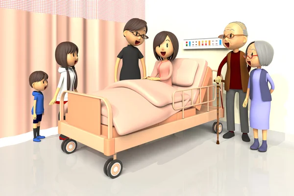 Ilustração 3D da família para visitar a mulher no hospital — Fotografia de Stock