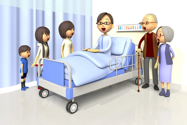 Illustrazione 3D della famiglia per visitare l'uomo in ospedale — Foto Stock