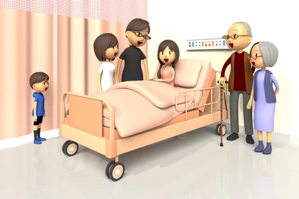 Illustrazione 3D di Family per visitare la ragazza in ospedale — Foto Stock