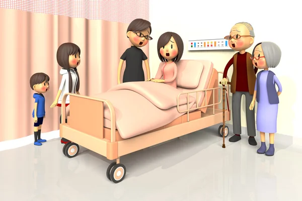 Illustrazione 3D della famiglia per visitare la donna in ospedale — Foto Stock