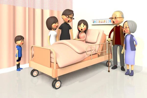 Ilustración 3D de la familia para visitar a la niña en el hospital — Foto de Stock