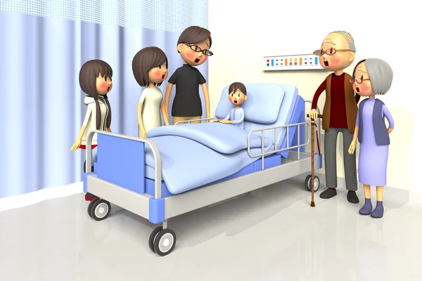 Illustrazione 3D della Famiglia per visitare il ragazzo in ospedale — Foto Stock
