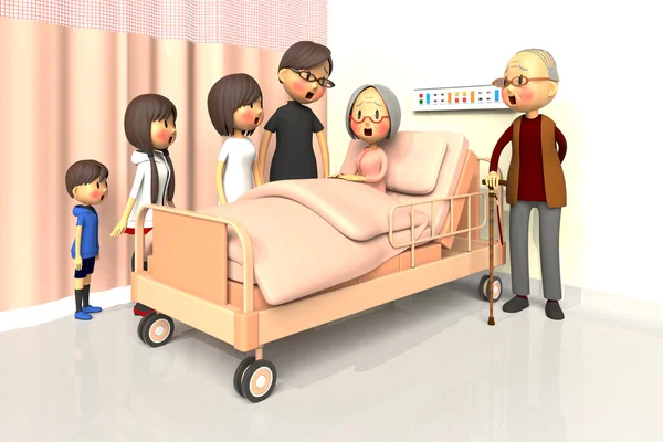 Yaşlı kadın hastanede ziyaret etmek için aile 3D çizimi - Stok İmaj
