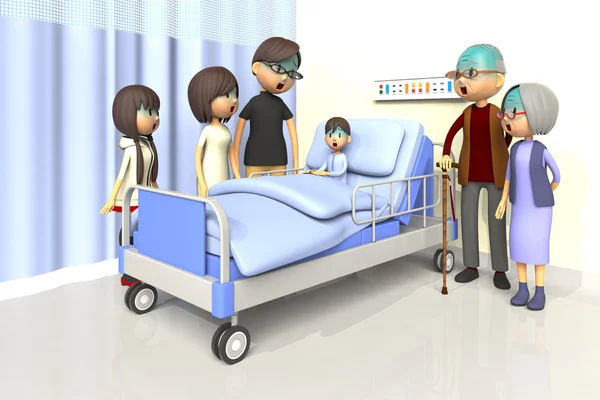 Ilustração 3D da família para visitar o menino no hospital — Fotografia de Stock