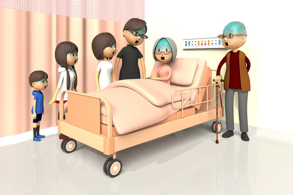 Illustrazione 3D della famiglia per visitare la vecchia in ospedale — Foto Stock