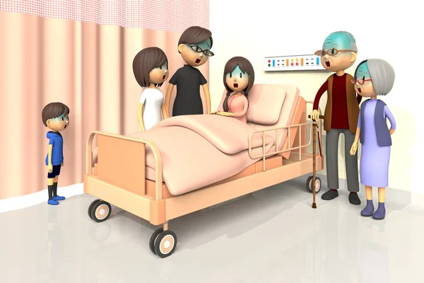 Ilustração 3D da família para visitar a menina no hospital — Fotografia de Stock