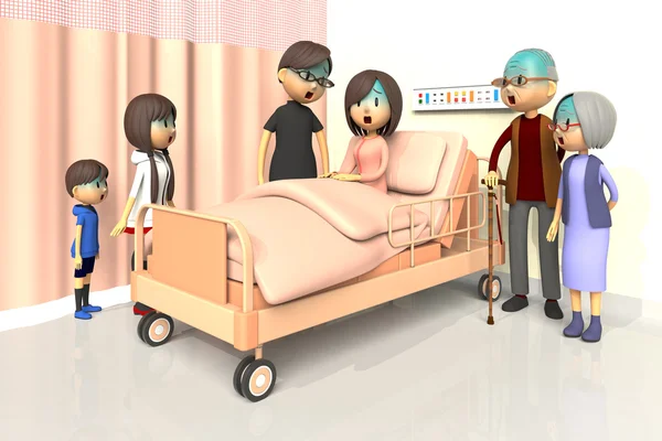 Ilustração 3D da família para visitar a mulher no hospital — Fotografia de Stock