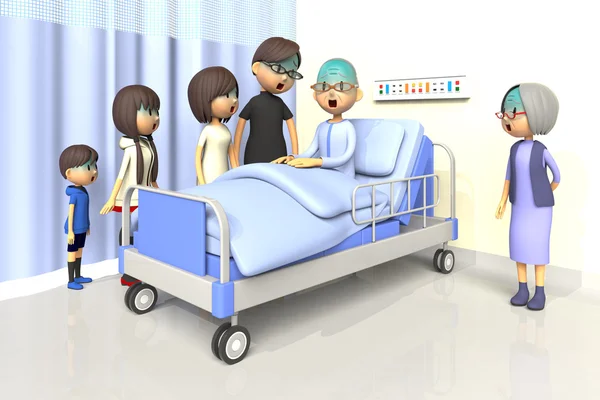 Illustrazione 3D della famiglia per visitare il vecchio in ospedale — Foto Stock