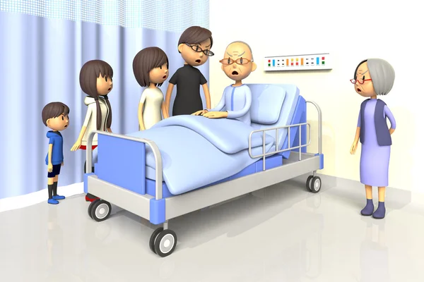 अस्पताल में बूढ़े आदमी की यात्रा करने के लिए परिवार का 3 डी चित्रण स्टॉक फ़ोटो