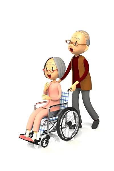Idosa obter por empurrando a cadeira de rodas para o marido — Fotografia de Stock