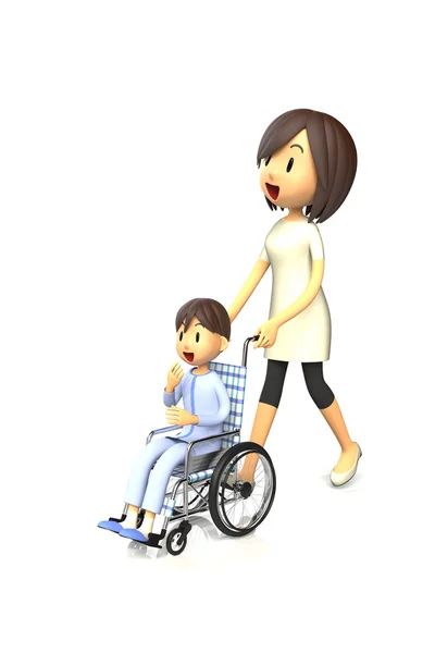 Chico llegar empujando la silla de ruedas a su madre —  Fotos de Stock