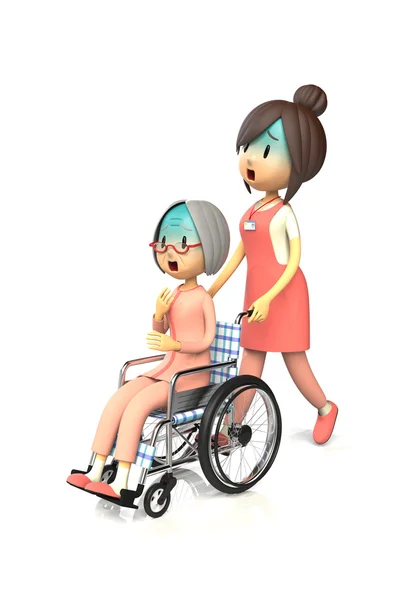 Літня жінка отримує, штовхаючи інвалідне крісло до доглядальниці — стокове фото
