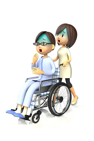 男人得到推着轮椅到他的妻子 — 图库照片