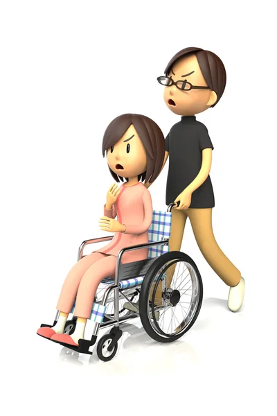 Donna ottenere spingendo la sedia a rotelle a suo marito — Foto Stock