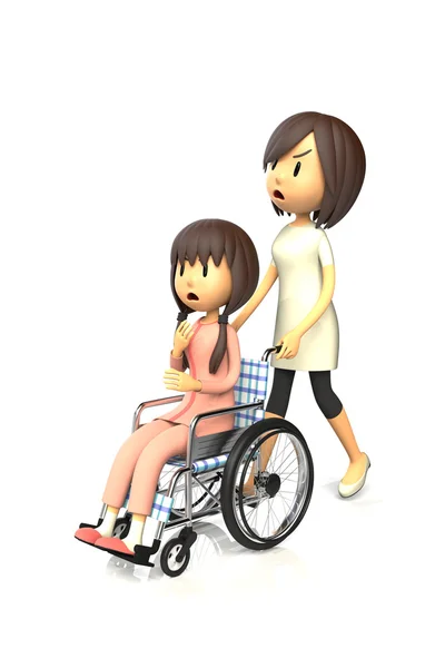 Fille obtenir en poussant le fauteuil roulant à sa mère — Photo