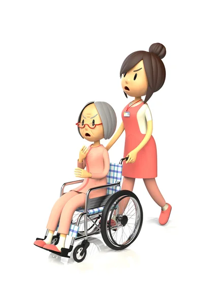 Ältere Frau kommt mit Rollstuhl zu Pflegekraft — Stockfoto