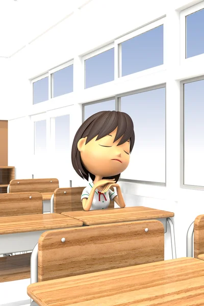 3d 插图的女孩在教室里心情不好 — 图库照片