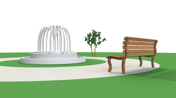 3D-CG image of fountain and bench — Stock Photo, Image