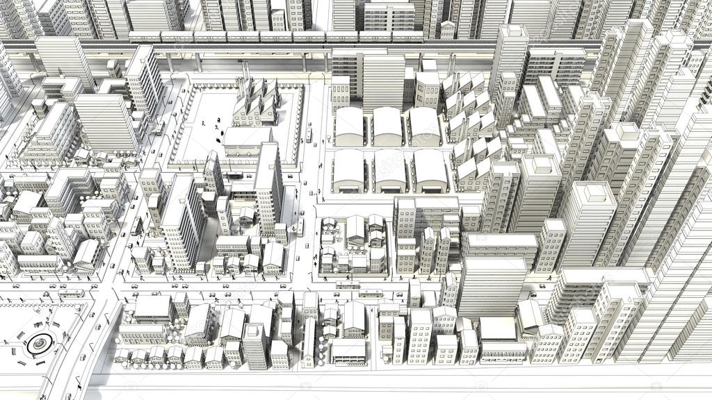 Line drawing of bird's-eye viewing city