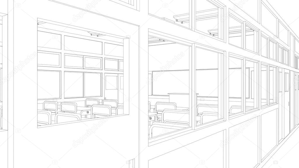 Line drawing of classroom