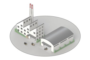 Fabrika ve depo izometrik görünümü