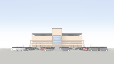 Büyük bir otopark ile alışveriş merkezi