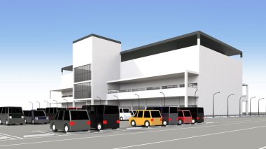 Büyük bir otopark ile alışveriş merkezi