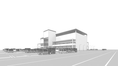 Büyük bir otopark ile alışveriş merkezi