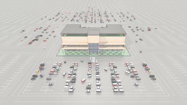 Büyük bir otopark ile alışveriş merkezi
