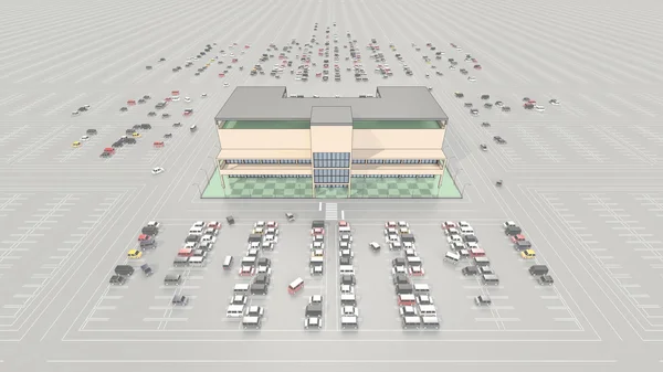 Büyük bir otopark ile alışveriş merkezi