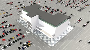 Büyük bir otopark ile alışveriş merkezi