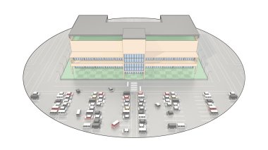 Büyük bir otopark ile alışveriş merkezi