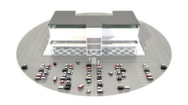 Büyük bir otopark ile alışveriş merkezi