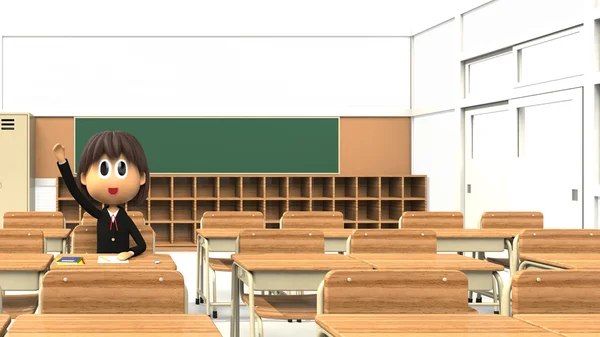 3D-CG image of a Female student who are taking a hand in the classroom — 스톡 사진