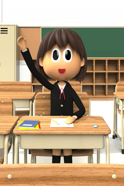 3D-CG image of a Female student who are taking a hand in the classroom — Stock Photo, Image