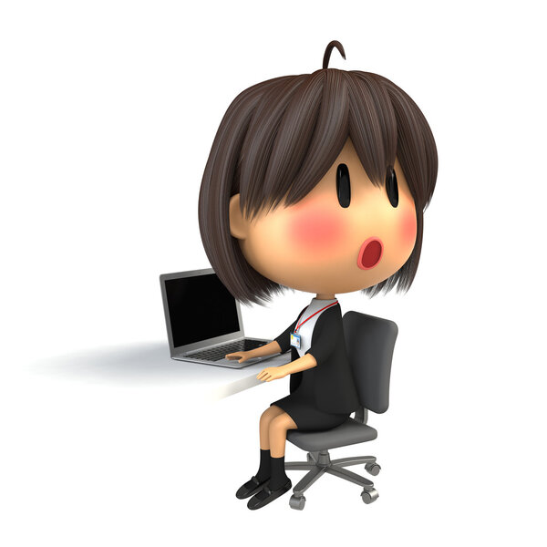 Female staff to blush in the personal computer operation