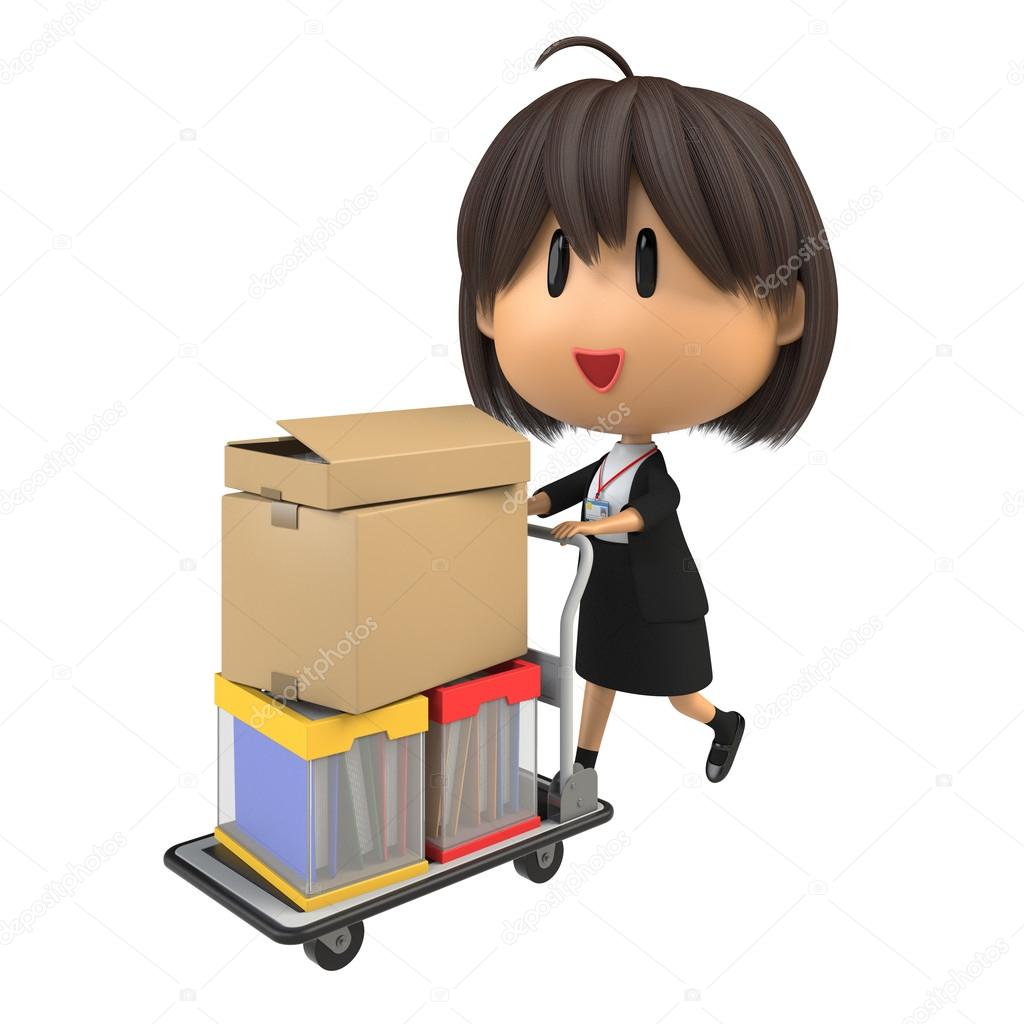 Female staff carrying luggage by hand truck