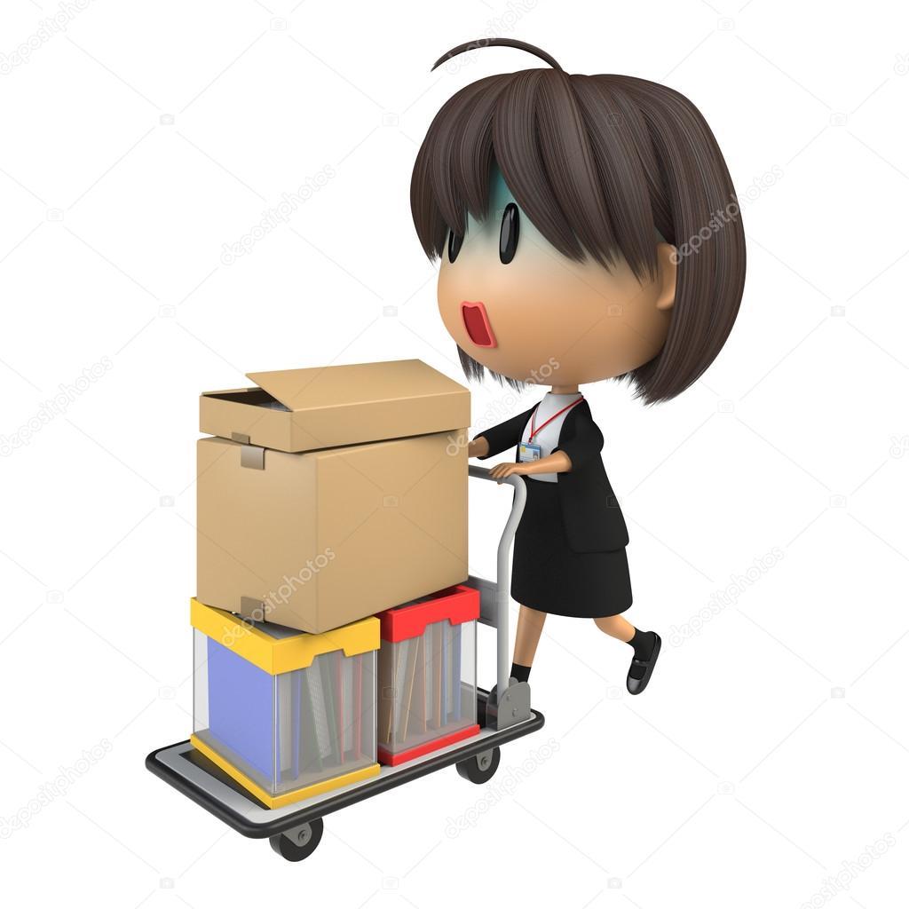 Female staff who looks pale carrying luggage by hand truck