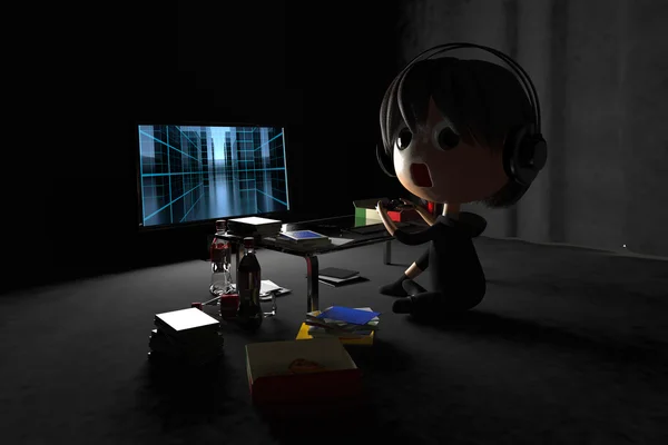 Person who is pale playing a game in dark room — Stock Photo, Image