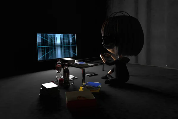 Back figure of a person playing game in dark room — Stock Photo, Image